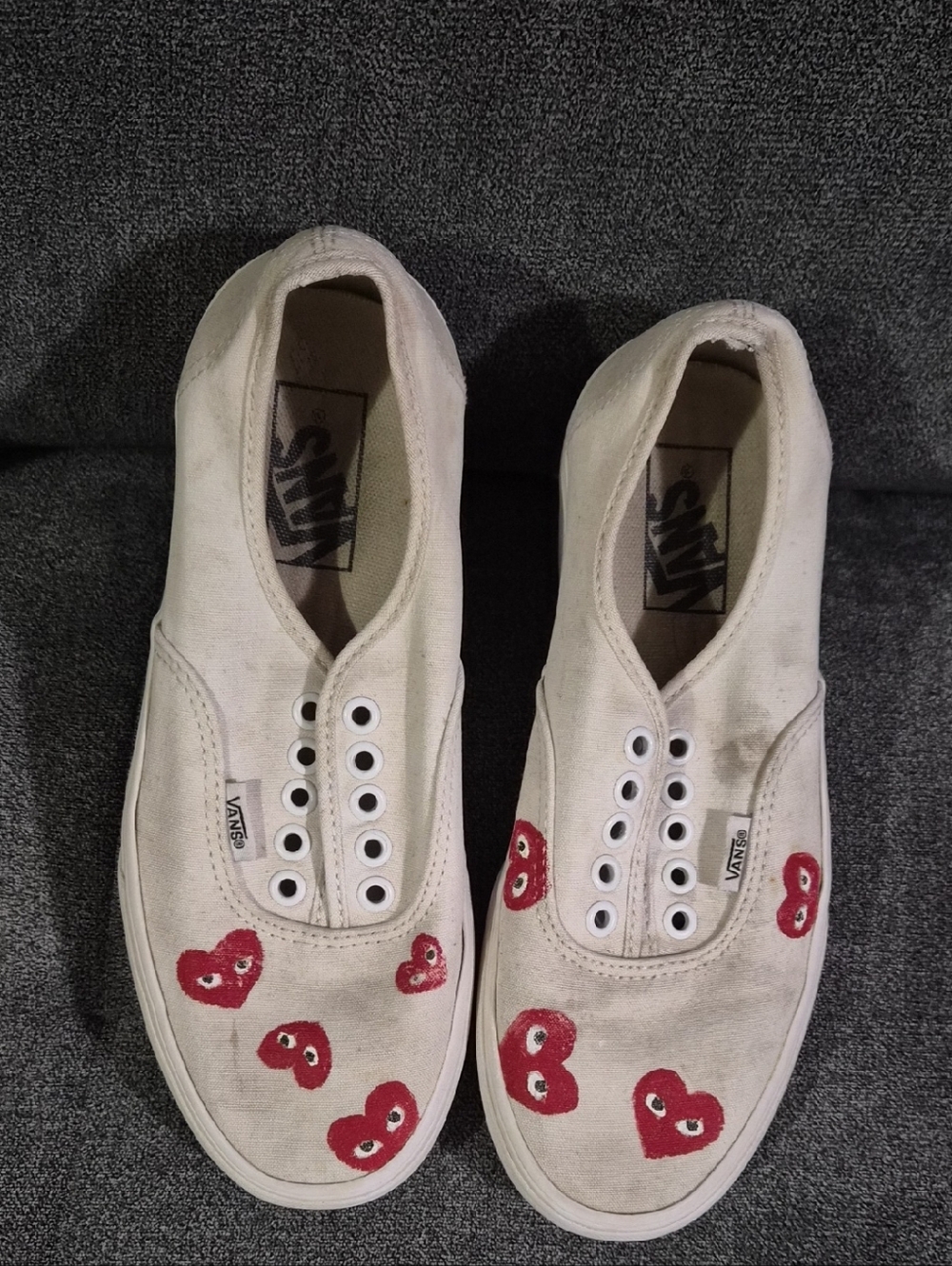 Vans White Slip-Ons with Red Heart Faces
